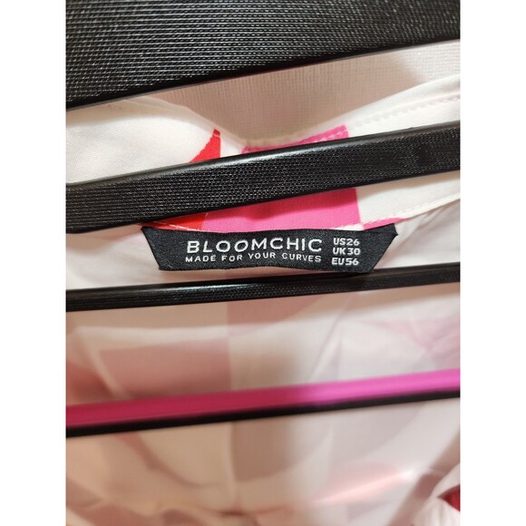 BLOOMCHIC WOMENS 26 4X WHITE PINK BLOUSE GEOMETRIC RETRO V-NECK STYLISH ABSTRACT - Picture 8 of 13
